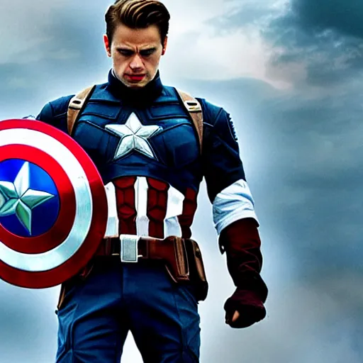 Image similar to sebastian stan as captain america, cinematic shot with sparkles and destroyed land, imax, high quality image, movie hollywood, commosition