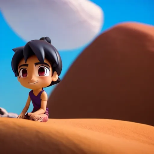 Image similar to profile view of young aladdin as nendoroid walking in a desert in the croods movie style, anime, disney, pixar, 8 k, hd, dof, kodak film, volumetric lighting, subsurface scattering, photorealistic, octane render, details