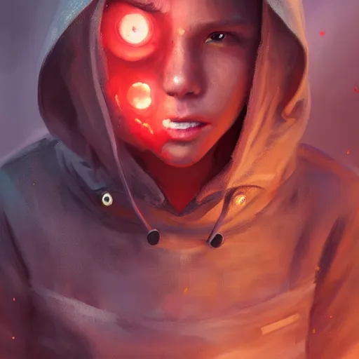 Prompt: a boy in a hoodie, red eyes, a burning house in the background, by Stanley Artgerm Lau, WLOP, Rossdraws, James Jean, Andrei Riabovitchev, Marc Simonetti, Yoshitaka Amano, ArtStation, CGSociety,