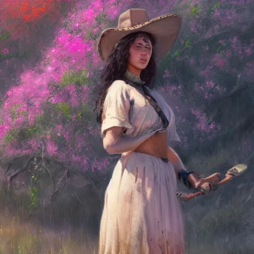 Image similar to a matte painting of the wild west, woman standing in patchy flower, oil painting, pale colors, high detail, 8 k, wide angle, trending on artstation,