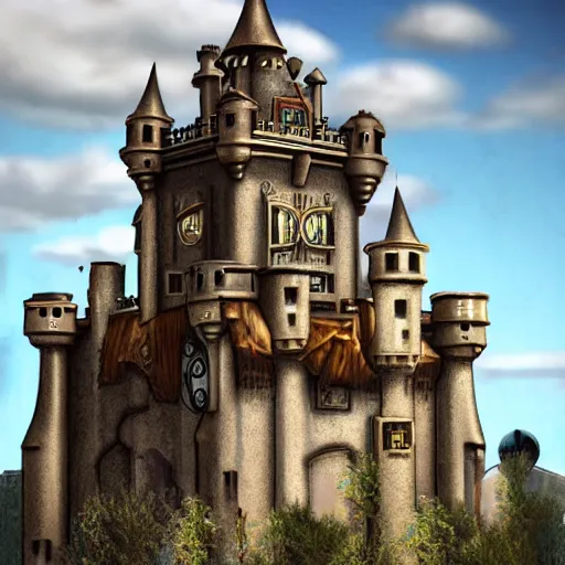 Image similar to steam punk castle in the style of martin bailly