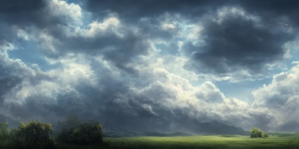 Prompt: peaceful puffy clouds, matte painting, concept art, 4 k