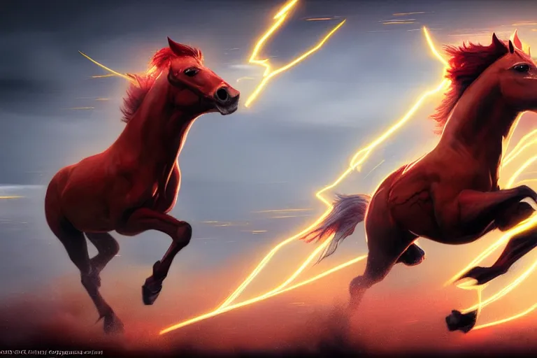 Image similar to a stunning digital painting of a horse as the flash in spandex costume, running in the speedforce by greg rutkowski, volumetric light, digital art, fine detail, photorealistic