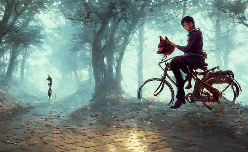 Prompt: Highly detailed portrait of shiba riding a bike, Stephen Bliss, unreal engine, fantasy art by Greg Rutkowski, Loish, Rhads, ferdinand knab, Makoto Shinkai and Lois van baarle, ilya kuvshinov, rossdraws, Tom Bagshaw, alphonse mucha, global illumination, radiant light, detailed and intricate environment