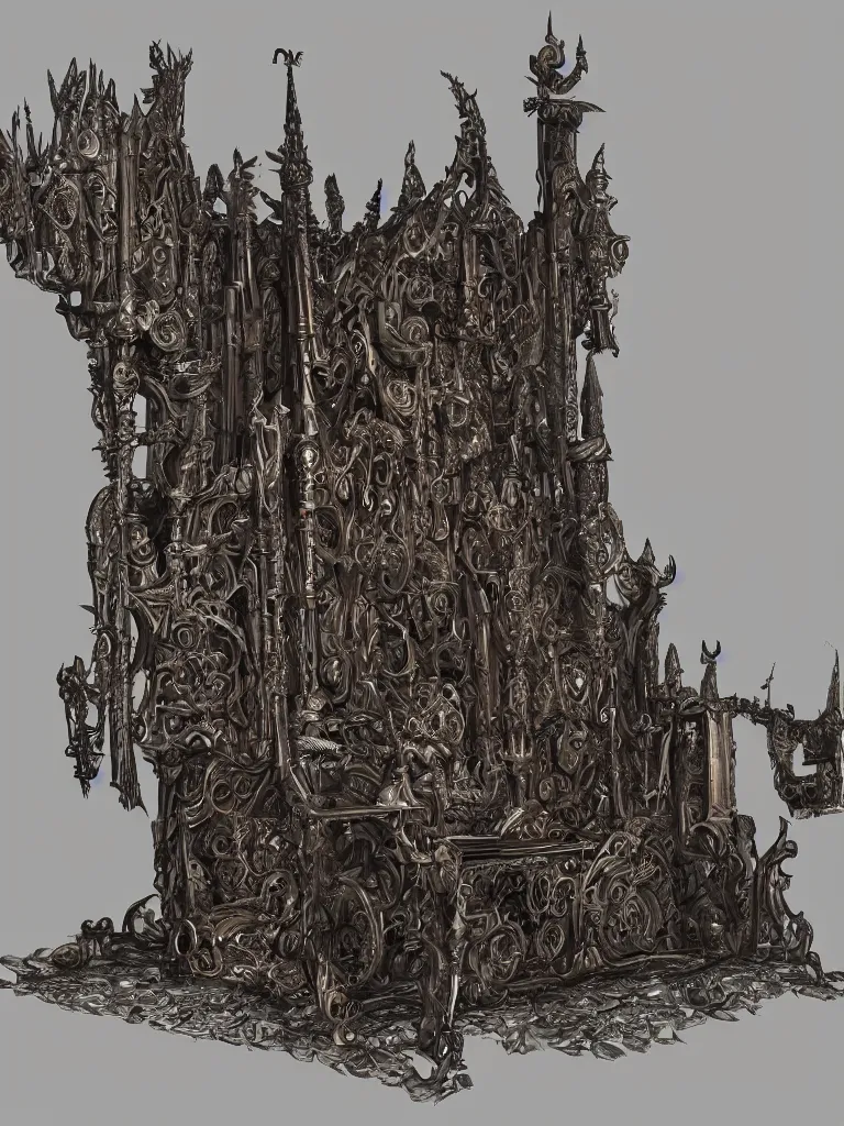 Prompt: throne made of rifles, shotguns, revolvers and bullets in a medieval castle, ultrarealistic, intricate details, 4k, concept art, dark fantasy