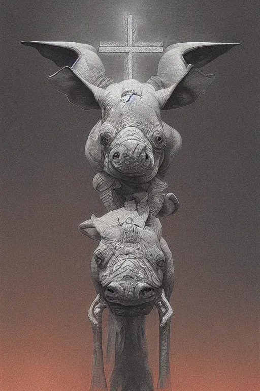 Image similar to painting of cross between parrot & rhino, intercrossed animal, by zdzislaw beksinski, by tiffany bozic, cold hue's, warm tone gradient background, concept art, beautiful composition, digital painting,