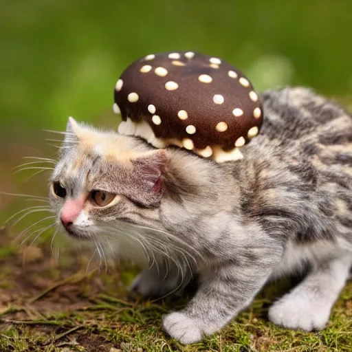 Image similar to a small domestic housecat with a spotted mushroom growing atop its head