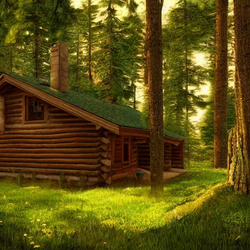 Image similar to log cabin in the woods, diffused lighting, highly detailed cinematic, epic composition, highly detailed, atmospheric, wide angle, artstation trending, warm green colors