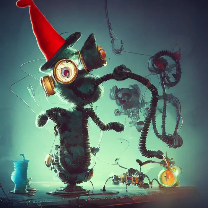 Prompt: complex 3 d render, hyper detailed, ultra sharp, robot cat in the hat, scary, neon, cinematic, steampunk, natural soft light, rim light, octane render, artstation, art by artgerm and greg rutkowski and alberto seveso, dr seuss