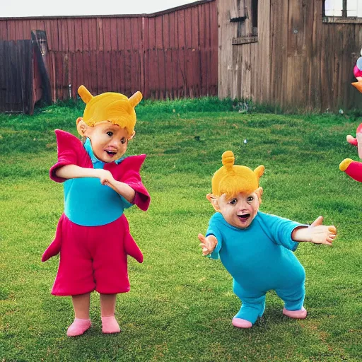 Prompt: a couple of grandparents playing kids games and wearing teletubbies costumes