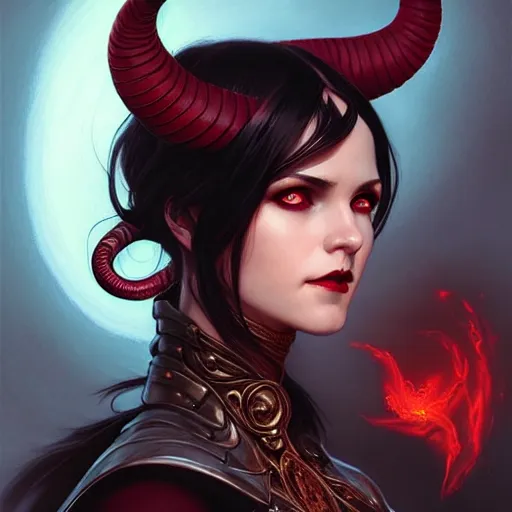 Prompt: Portrait of jovial female tiefling sorceress, D&D, red eyes, face, short black hair, fantasy, intricate, elegant, highly detailed, digital painting, artstation, concept art, smooth, sharp focus, illustration, art by artgerm and greg rutkowski and alphonse mucha