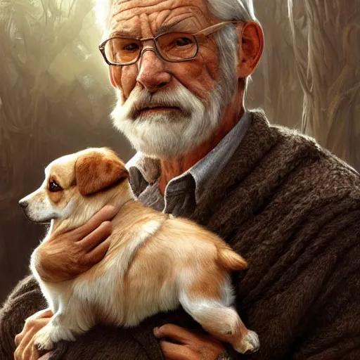 Image similar to portrait of a old, ruggedly handsome man holding a corgi dog, soft hair, muscular, half body, cloth, hairy, d & d, fantasy, intricate, elegant, highly detailed, digital painting, artstation, concept art, smooth, sharp focus, illustration, art by artgerm and greg rutkowski and alphonse mucha