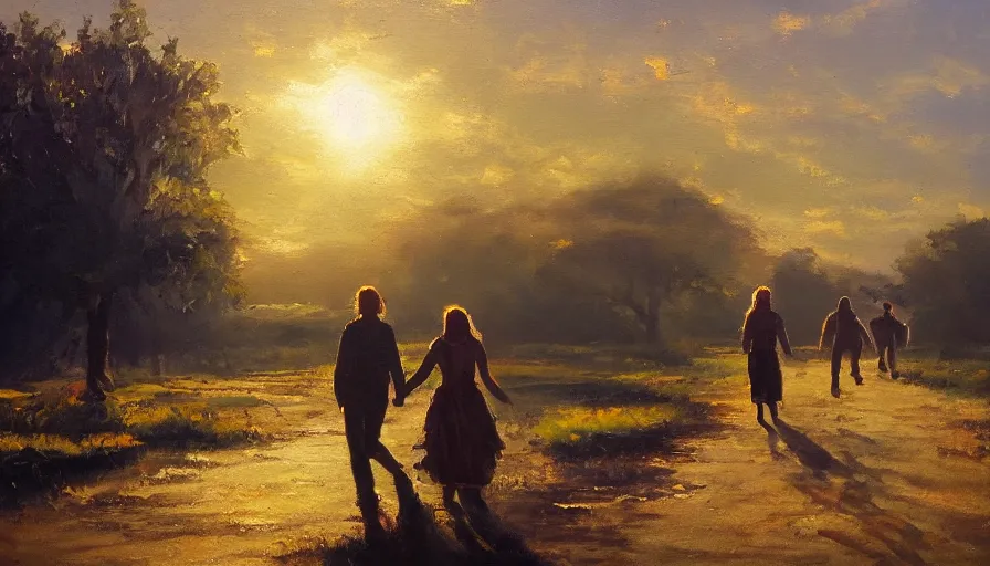 Prompt: oil painting, happy lovers leaving together, walking towards the sunset, cinematic lighting, wow, establishing shot