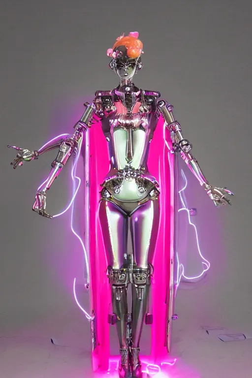 Image similar to full-body baroque and bladerunner style pink neon and chrome statue of a beautiful pale priestess robot goddess humanoid wearing a see-through silk kimono, glowing peach face, street hoody of red steampunk lasers, emeralds, swirling silver silk fabric. futuristic elements. oozing glowing liquid, full-length view. space robots. human skulls. throne made of bones, intricate artwork by caravaggio. Trending on artstation, octane render, cinematic lighting from the right, hyper realism, octane render, 8k, depth of field, 3D