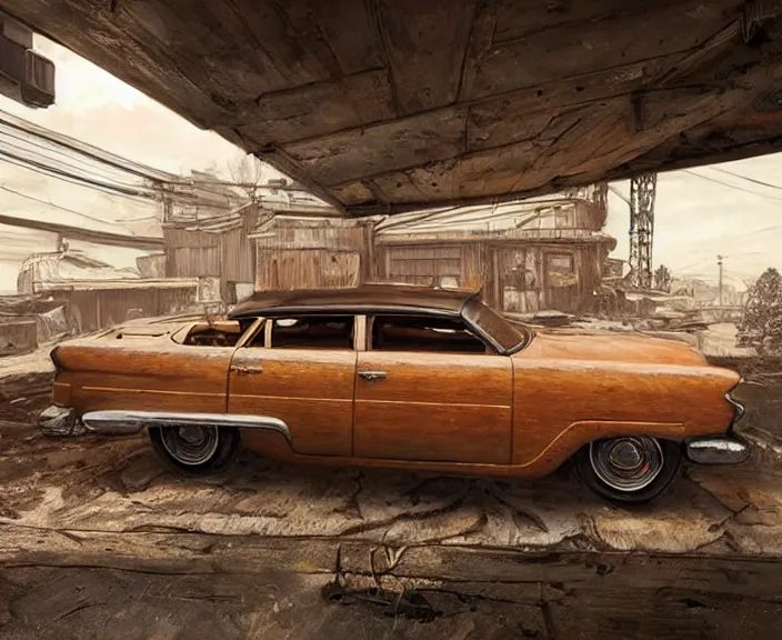 Image similar to a wooden sculpture of a vintage car from fallout 4, digital art by studio ghibli and greg rutkowski, beautiful, cute, hyperrealism artstyle, amazing lighting