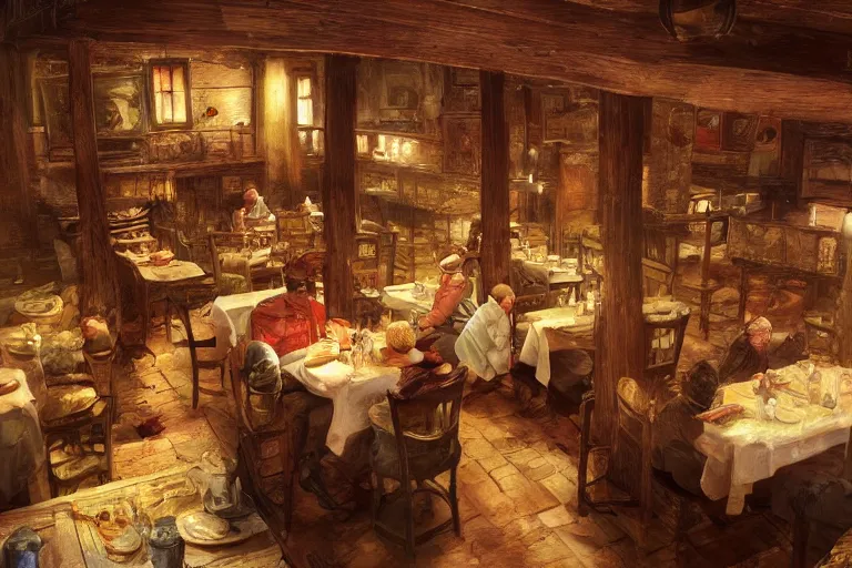 Prompt: A national geographic photo of the interior of an old inn restaurant filled with people by marc simonetti, Trending on artstation