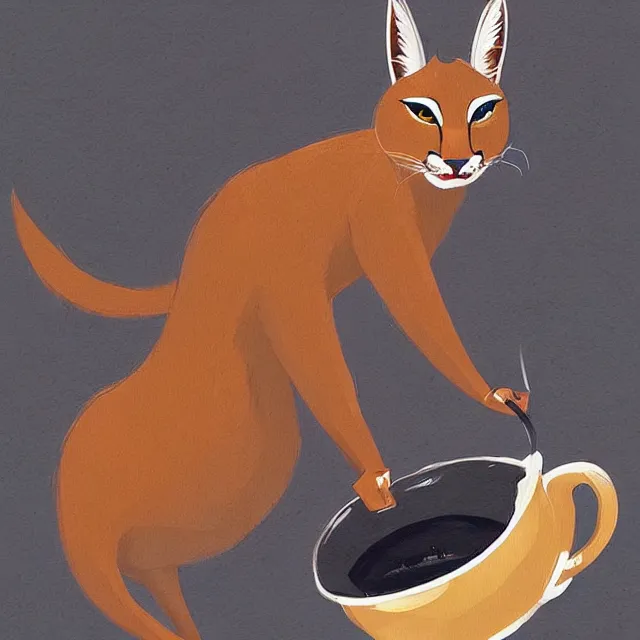 Image similar to cute caracal drinking coffee, by cory loftis, character art, art, very coherent, plain background, lighthearted, soft painting