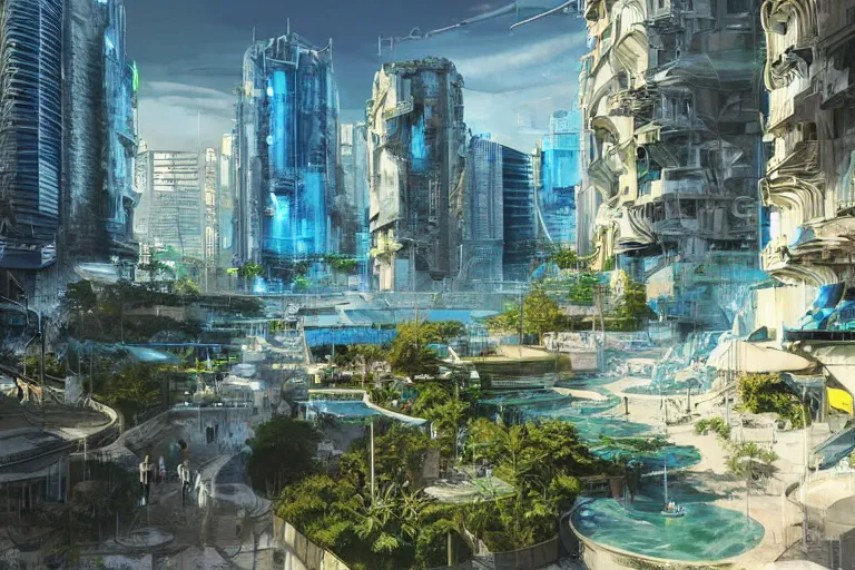 Image similar to futuristic cyberpunk city with Singaporean lush garden with royal blue and green and white and luxurious gold colors at Pamukkale, thermal waters flowing down white travertine terraces, intricate, elegant, luxurious, digital painting, concept art, smooth, sharp focus, from Star Trek 2021, illustration, by WLOP and Ruan Jia and Mandy Jurgens and William-Adolphe Bouguereau, Artgerm