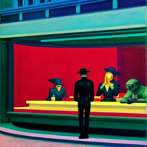 Image similar to “ nighthawks by edward hopper, but with aliens in the cafe.