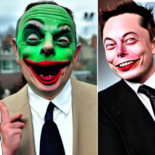 Prompt: funny face pulling competition winning funny face photo of elon musk as mr. bean as the joker from batman, pulling the move'derp banshee ', hilarious face pulling competition winner, extreme face contortion