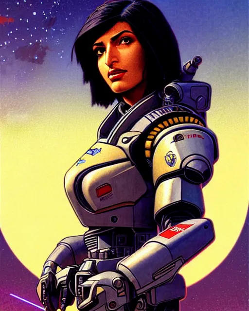 Image similar to pharah from overwatch, battletech, character portrait, portrait, close up, concept art, intricate details, highly detailed, vintage sci - fi poster, retro future, vintage sci - fi art, in the style of chris foss, rodger dean, moebius, michael whelan, and gustave dore