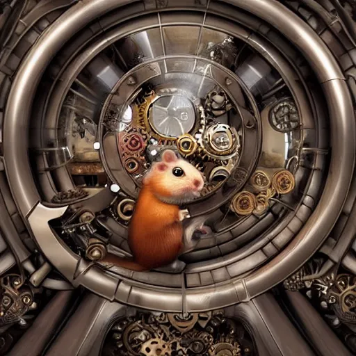 Prompt: a steampunk hamster engineer running inside a hamster wheel that looks like a cog connected to other cogs, highly detailed, photorealistic, artgerm, wlop, moebius, sharp focus, hd, 8 k, intricate