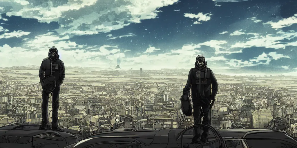 Prompt: A Guy with gas mask on top of a car looking at the city in the distance horizon, Digital art, Anime Style, Cinematic, Stalker Style, Post apocalypse