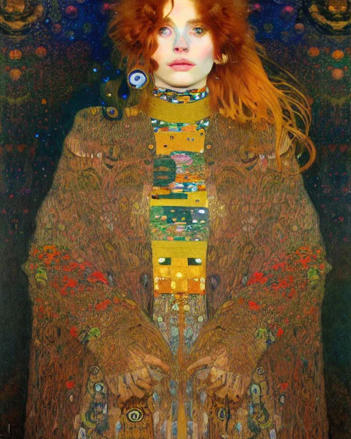 Image similar to forest cat portrait an oil painting splashes with many colors and shapes by gustav klimt greg rutkowski and alphonse mucha, polycount, generative art, psychedelic, fractalism, glitch art