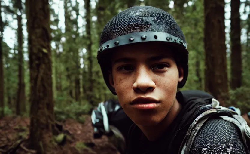 Image similar to cinestill 5 0 d candid photographic portrait by steven spielberg of a mixed teen wearing rugged black mesh techwear on a dirtbike through a dark forest, extreme closeup, modern cyberpunk moody emotional cinematic, snow storm, 8 k, hd, high resolution, 3 5 mm, f / 3 2, ultra realistic faces, ex machina