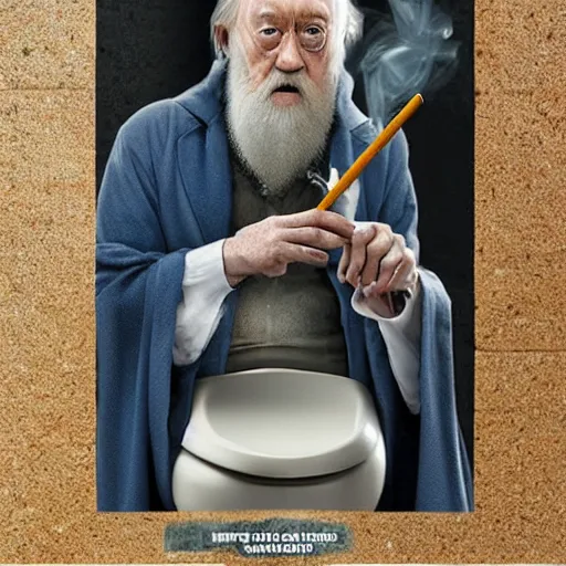 Image similar to Dumbledore sitting in on a toilet smoking a cigarette, front facing photo, realistic