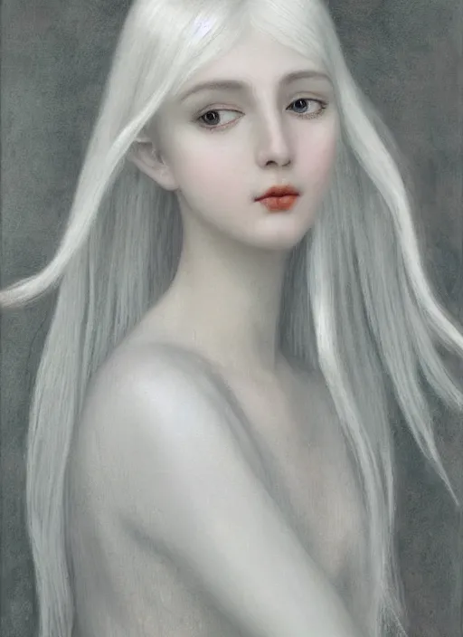 Prompt: thin young beautiful angel with silver hair so long, pale!, wearing silver hair, silver angel wings, wan adorable korean face, silver hair!!, style of fernand khnopff and lucien levy - dhurmer, oil on canvas, 4 k resolution, aesthetic!,