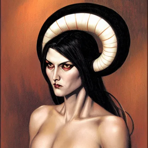 Prompt: portrait of a woman with horns and fully black eyes, by gerald brom