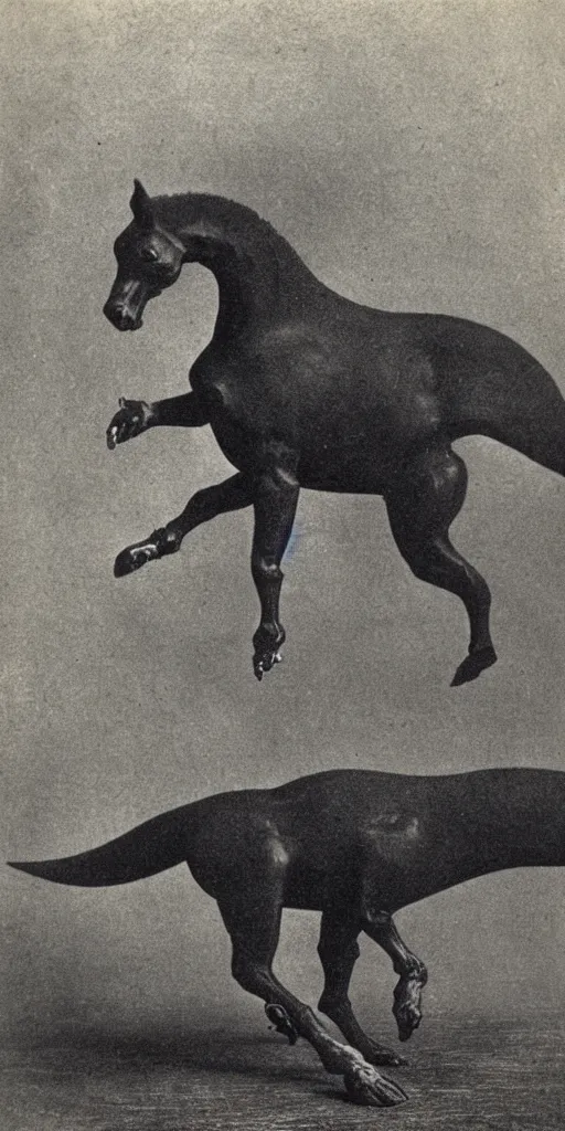 Prompt: [ [ [ [ [ t rex ] ] ] ] ] and a horse with leg, walk, [ [ movement ] ], [ [ soft ] ], strange, black and white, photograph, 1 8 5 0 s