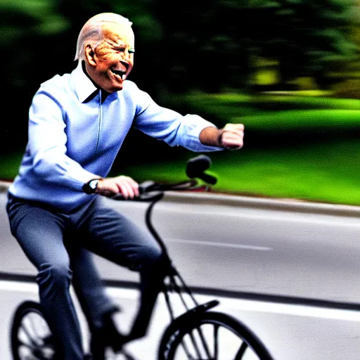 Image similar to ultra realistic photo of joe biden falling off of his bike, film, perfect face, in the style of a candid photo