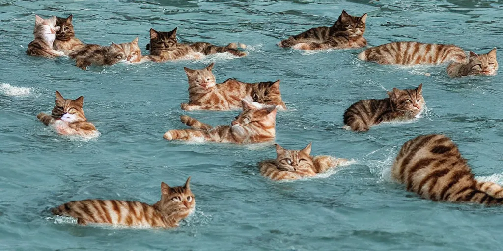 Image similar to cats swimming in the beira lake of colombo sri lanka, in the style of Akira Toriyama