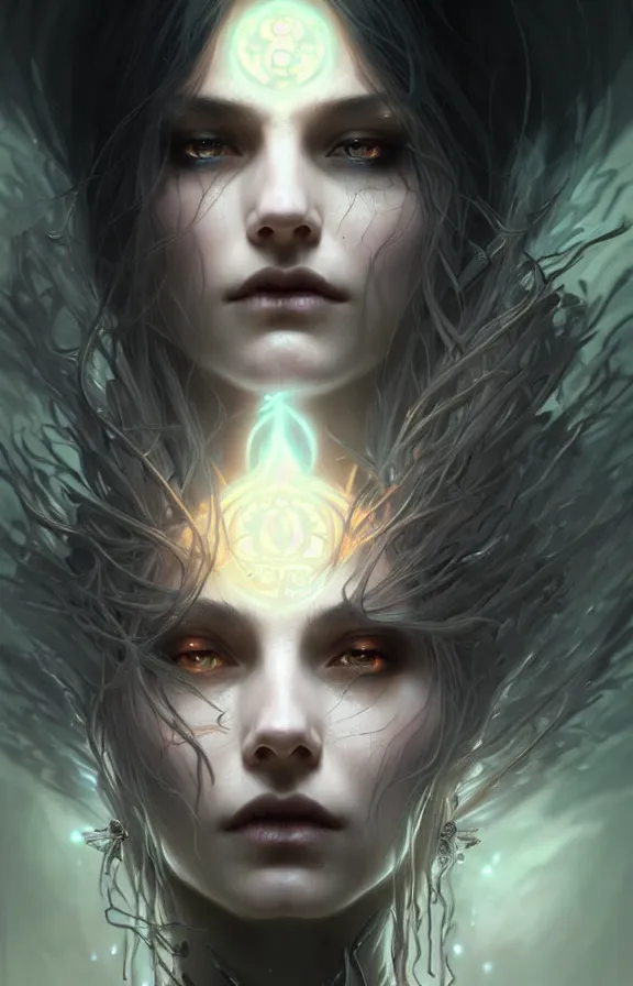 Image similar to Necromancer Sorceress face close-up macro in center, fantasy magic, undercut hairstyle, dark light night, intricate, elegant, sharp focus, illustration, highly detailed, digital painting, concept art, matte, art by WLOP and Artgerm and Greg Rutkowski and Alphonse Mucha, masterpiece