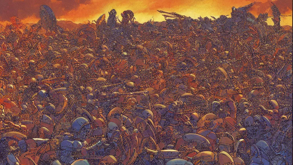Prompt: A highly detailed panorama of the Sumerians fending off the Old Ones by Jean Giraud