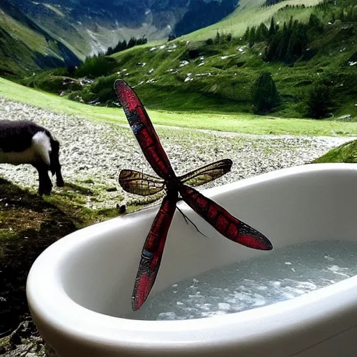 Prompt: dragonfly in a bathtub in the alps, goats!!!!!!!! goat!! sheep!!! in background