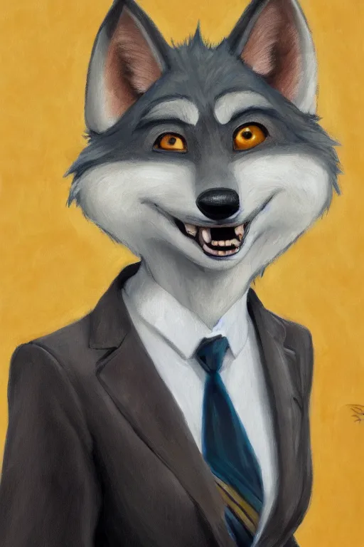 Image similar to oil painting of anthromorphic female wolf, in style of zootopia, female fursona, furry, furaffinity, 4 k, deviantart, furry art, fursona art, wearing black business suit, business suit, wolf fursona, female, smug expression,