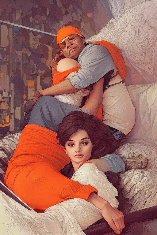 Image similar to portrait of a man in tin - foil hat and orange t - shirt hugging his wife in a bed, feelings, romantic, fantasy, intricate, elegant, highly detailed, digital painting, artstation, concept art, smooth, sharp focus, illustration, art by artgerm and greg rutkowski and alphonse mucha