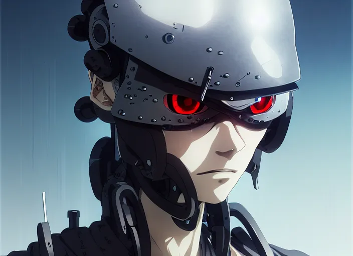 Image similar to a anime portrait of a cyborg ninja, finely detailed features, closeup at the face, sharp focus, perfect art, scenic background, cinematic lighting, intricate, anime, illustration, artstation, trending on pixiv fanbox, painted by greg rutkowski, studio ghibli, yoji shinkawa, hayao miyazaki,