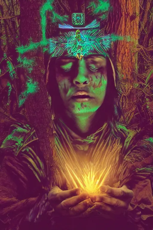 Image similar to photorealistic photo of an aztec sorcerer casting a powerful spell in a dark forest, ultra hd, hd, 4 k, highly detailed, small details, vaporwave colors, faded effect, 9 0 s vibe, detailed face, perfect face, realistic, national geographic cover,