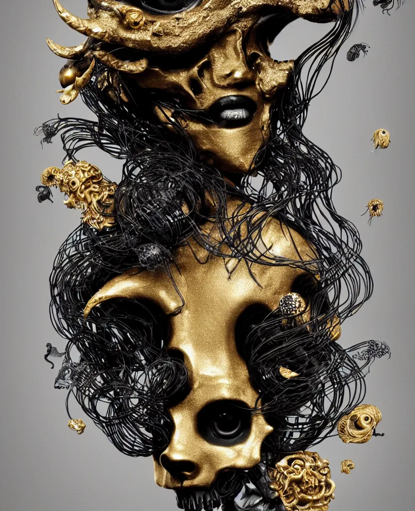 Image similar to black background. goddess princess face close-up portrait ram skull. sculpture made of gold and black charcoal. jellyfish phoenix head, nautilus, orchid, skull, betta fish, bioluminiscent creatures, intricate artwork by Tooth Wu and wlop and beeple. octane render, trending on artstation, greg rutkowski very coherent symmetrical artwork. cinematic, hyper realism, high detail, octane render, 8k