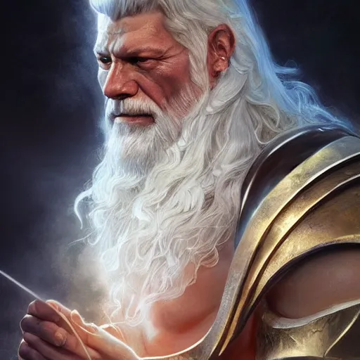 Prompt: zeus, stephen lang, white pallium, lightning, D&D, fantasy, highly detailed, digital painting, trending on artstation, concept art, sharp focus, illustration, art by artgerm and greg rutkowski and magali villeneuve