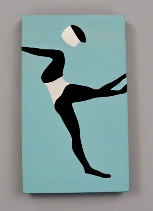 Image similar to acrylic painting on wood of a woman wearing a swimming cap diving from a high diving board into a pool. mid - drive. medium distance. teal, white, black and grayscale. simple. flat. vintage, mid - century modern.