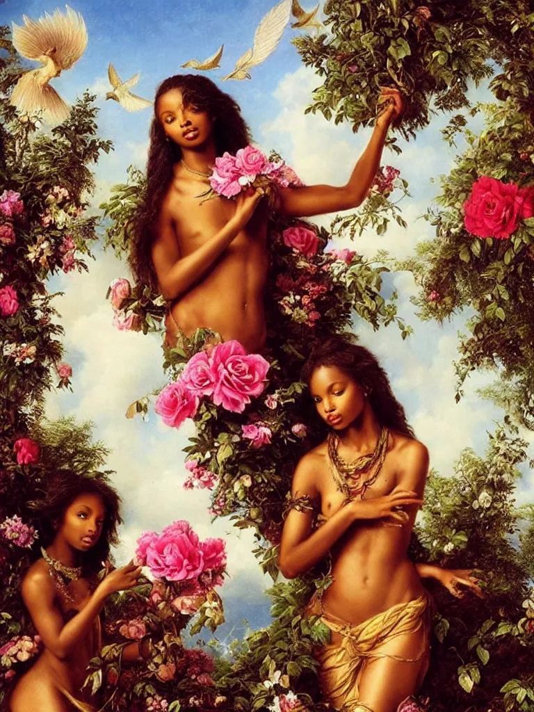 Image similar to jasmine tookes the goddess of love : : background of roses, myrtle, doves : : rococo, academicism