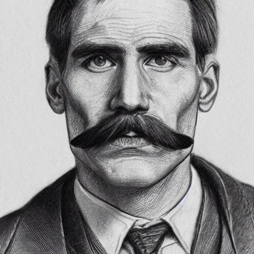 Image similar to A crosshatched portrait drawing of Jerma985 with a pyramidal mustache in the mid-late 1800s, cross haching, crosshatching, mid-late 1800s, grainy, realistic, hyperrealistic, very realistic, highly detailed, very detailed, extremely detailed, detailed, trending on artstation