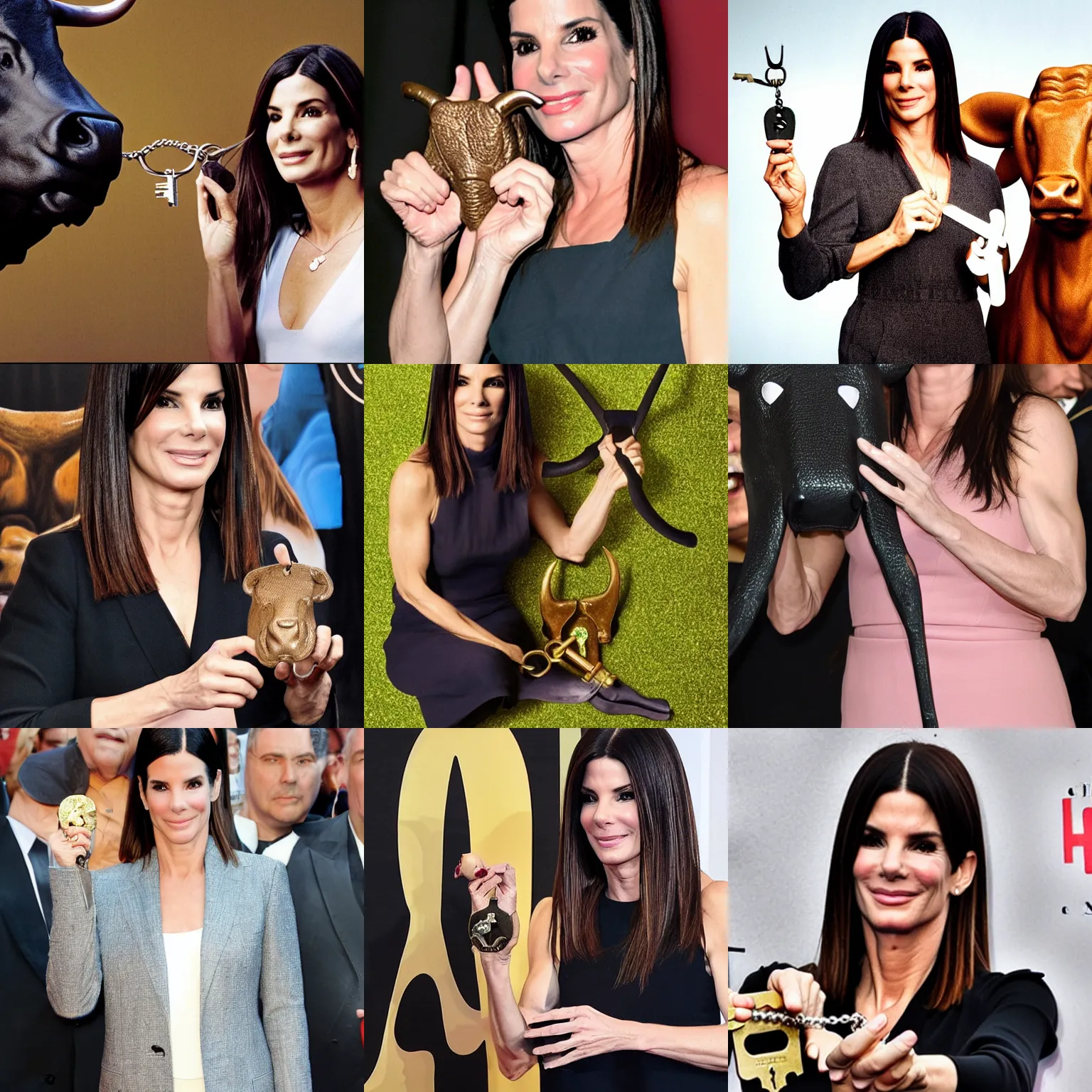 Prompt: sandra bullock holding a key in the shape of a bull,