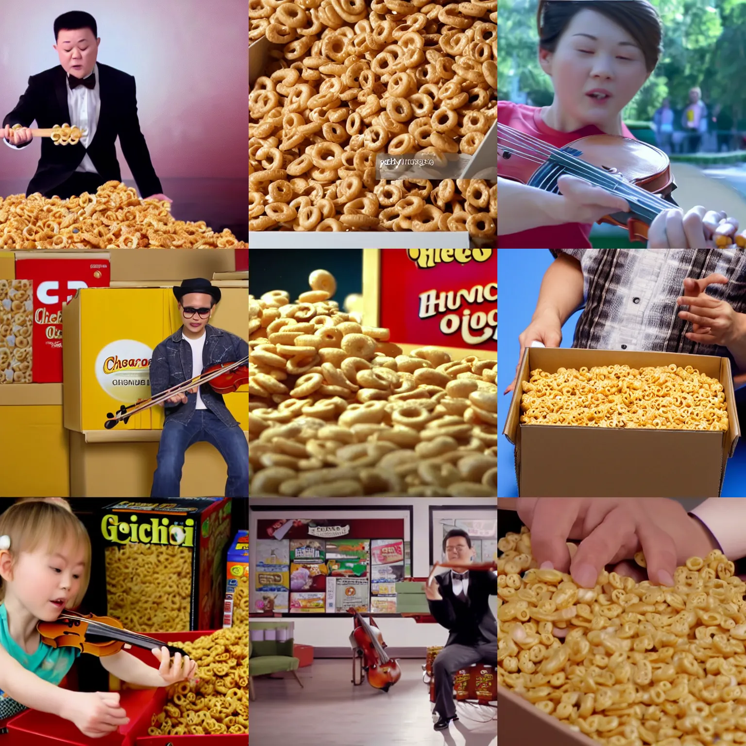 Prompt: a box of cheerios playing the fiddle in the music video of gangnam style, dramatic hd photo