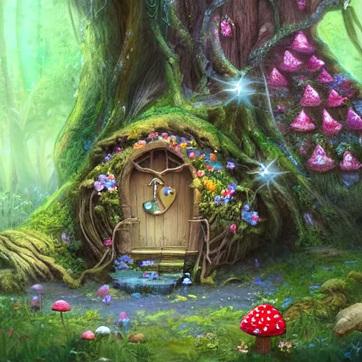 Prompt: a celestial dainty fairy cottage in a tree trunk decorated beautifully, lots of cute fairy design elements like toadstool mushrooms, warm sunlight shining in, lots of plants and flowers, concept art 8 k resolution, fantasy illustration, detailed painting, and deep color